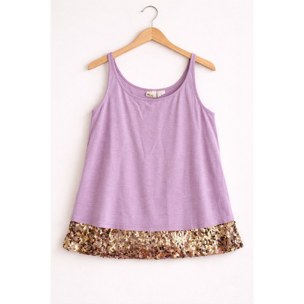 Vintage Y2K Sequin Hem Tank Top Large Lavender Coquette Layering Glam Flowy